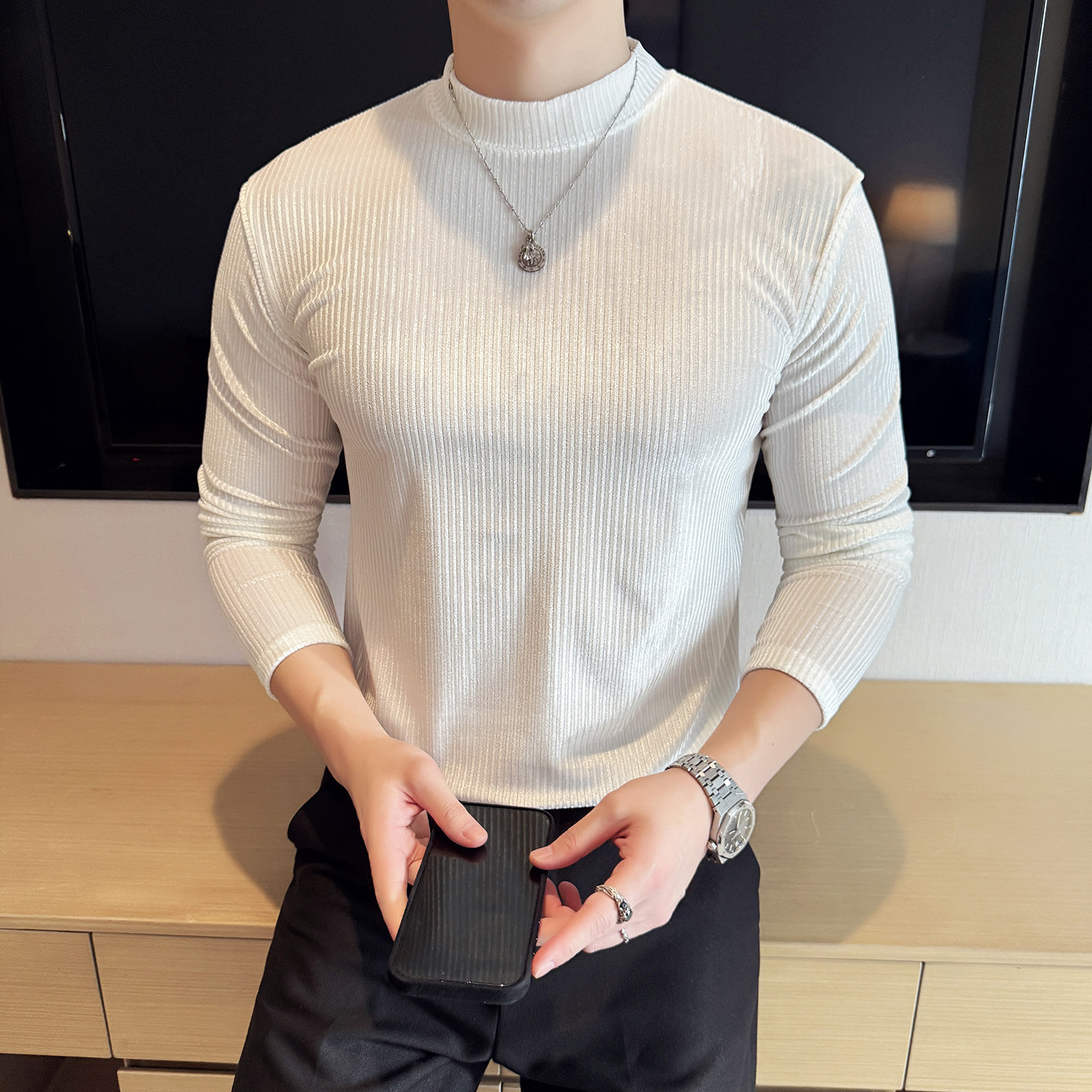 DS045-P48坑条纹半高领T恤金丝绒男士修身立体打底衫,男装T恤,星座1606-1