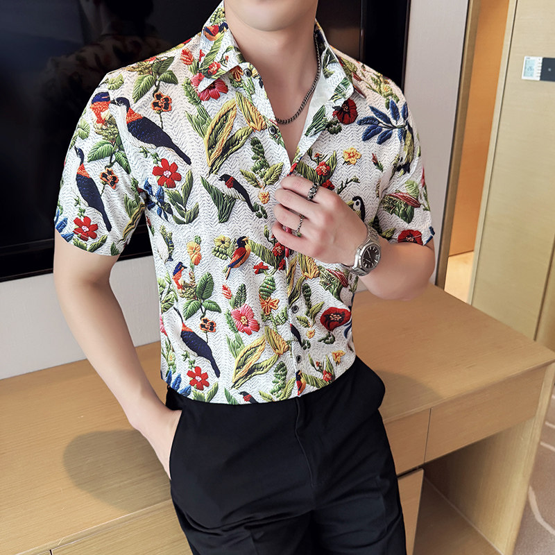 百鸟图夏季印花短袖衬衫时尚休闲免熨衬衣男CS042-P58,男装T恤,星座1606-1
