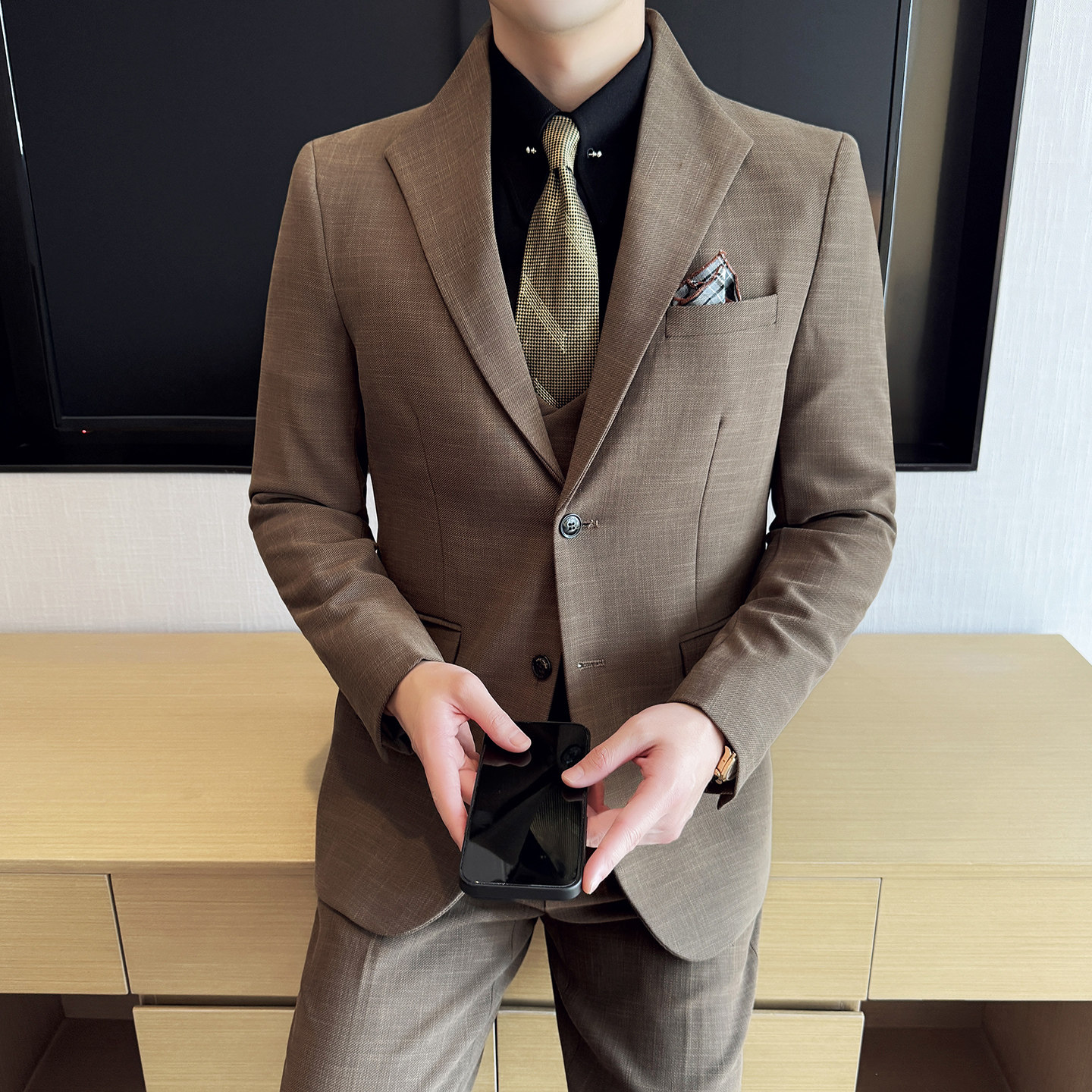 男士立领商务休闲西服韩版修身竹节纹西装套装2528-P285,男装西服套装,星座1606-1