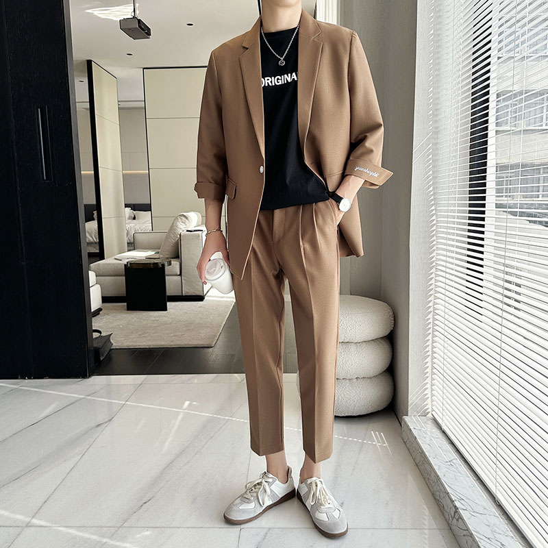 春夏薄款轻熟风七分袖宽松休闲垂感西服九分裤两件套1828-P205,男装西服,星座1606-1