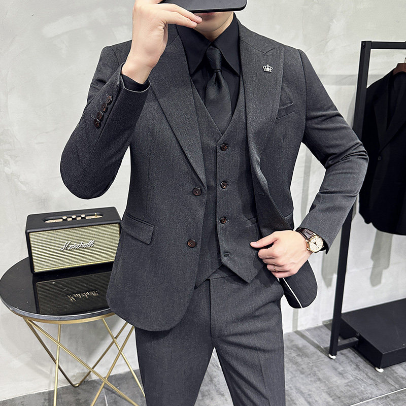 两粒扣戗驳领西服韩版修身商务西装三件套8802A-P235,男装西服套装,星座1606-1