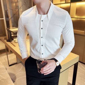 男士立领格纹长袖衬衫商务休闲时尚免熨衬衣男CS047-P63图片