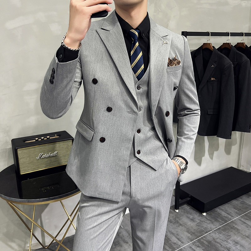 S-7XL韩版修身商务西服双排扣西装三件套8803-P235,男装西服套装,星座1606-1