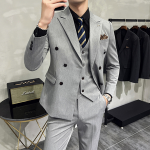 S-7XL韩版修身商务西服双排扣西装三件套8803-P235