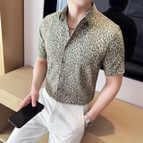 豹纹褶皱男士短袖衬衫时尚百搭休闲免熨衬衣CS015-P58，男装T恤，星座1606-1