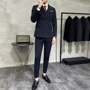 韩版修身商务西服双排扣条纹西装三件套1820-P270