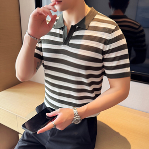 夏季男士PLO衫针织衫V领时尚设计拼色上衣男短袖1235-P55图片