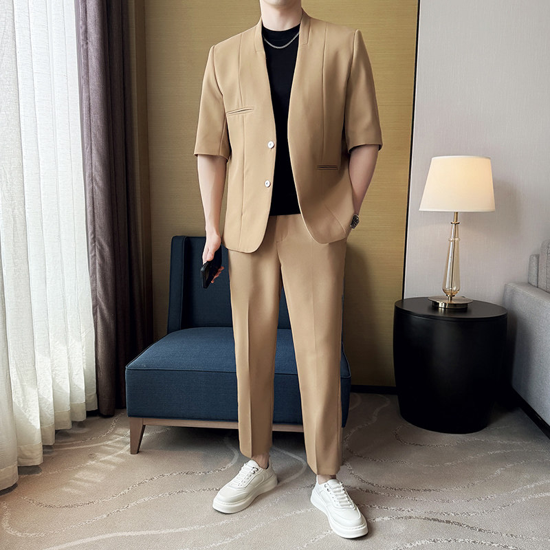 无领新中式西装微宽松版型短袖西服磁吸纽扣西服套装2504-P220图片