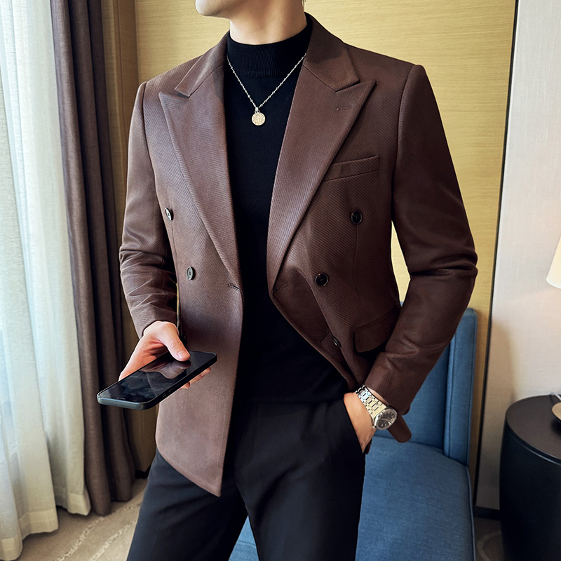 韩版修身西服麂皮绒烫金斜纹双排扣西装外套DX17-P158，男装西服套装，星座1606-1
