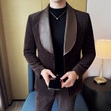 男士青果领拼皮西装时尚休闲西服套装2516-P220，男装西服套装，星座1606-1