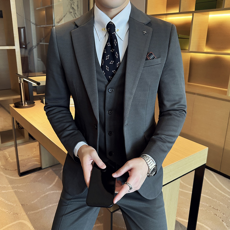韩版修身西服针织斜纹西装三件套2407-P265，男装西服套装，星座1606-1