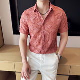 夏季蕾丝镂空短袖衬衫冰丝时尚免熨衬衣男CS026-P58，男装T恤，星座1606-1