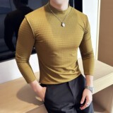 DS050-P48半高领立体提花格子T恤时尚百搭男士长袖打底衫，男装T恤，星座1606-1