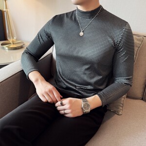 DS046-P48波浪纹半高领T恤男士修身立体打底衫,衣服架的搭配图片