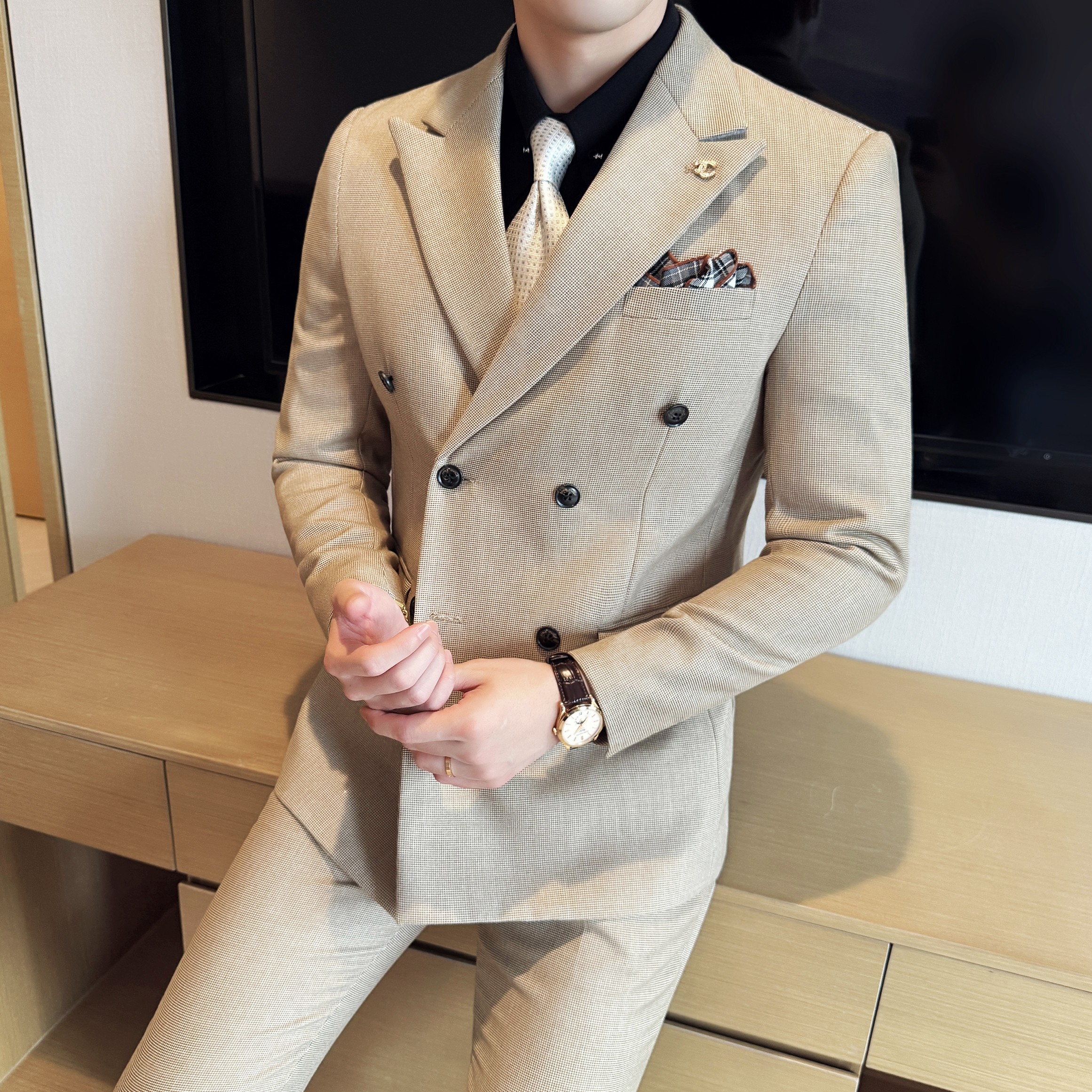男士商务休闲西装华夫格韩版修身双排扣西服三件套2522-P285,男装西服套装,星座1606-1