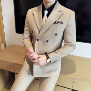 男士商务休闲西装华夫格韩版修身双排扣西服三件套2522-P285图片