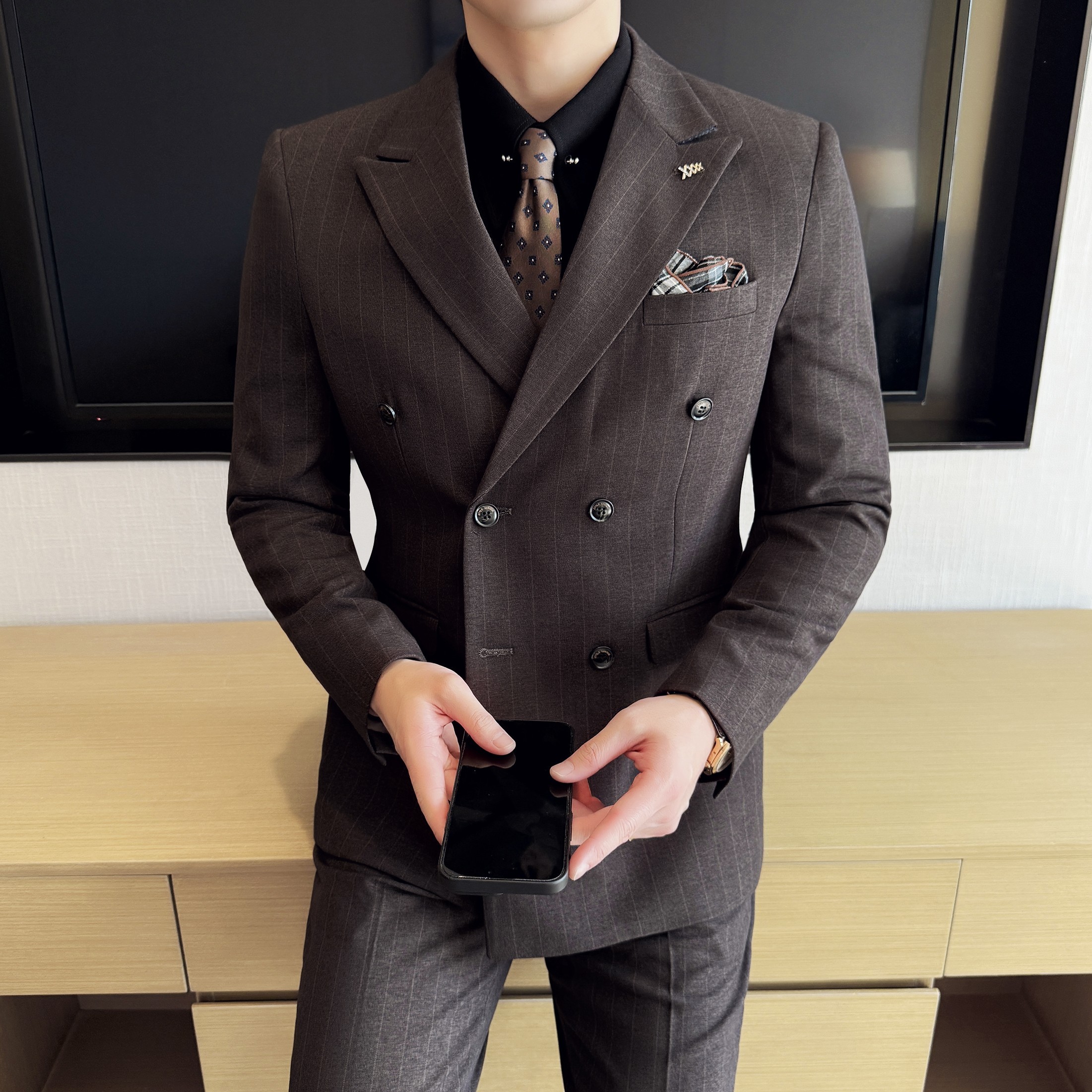 简约男士商务休闲西装韩版修身双排扣条纹西服2515-P285，男装西服套装，星座1606-1