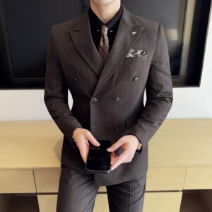 简约男士商务休闲西装韩版修身双排扣条纹西服2515-P285,男装西服套装,星座1606-1