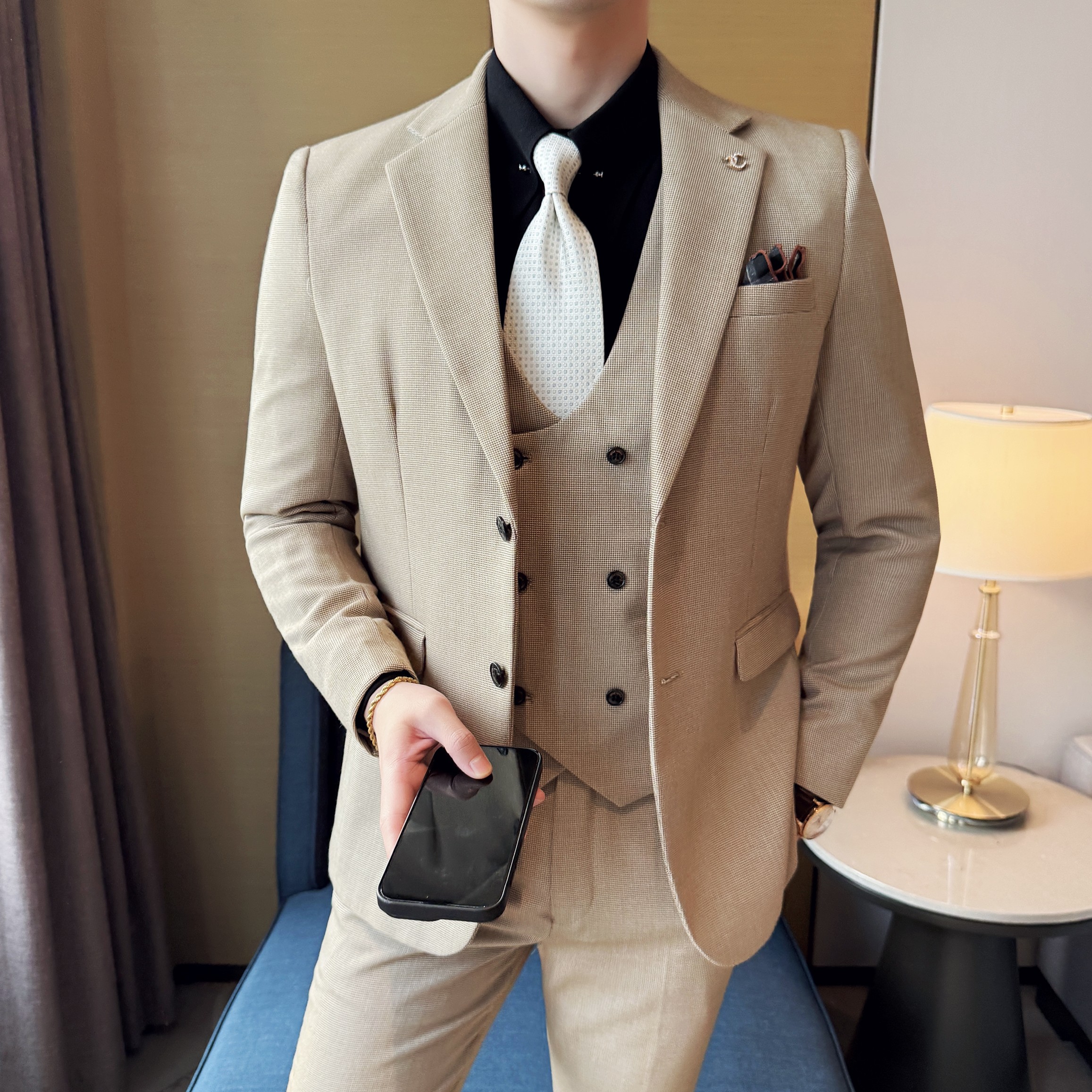 男士商务休闲西装华夫格韩版修身西服三件套2521-P280,男装西服套装,星座1606-1
