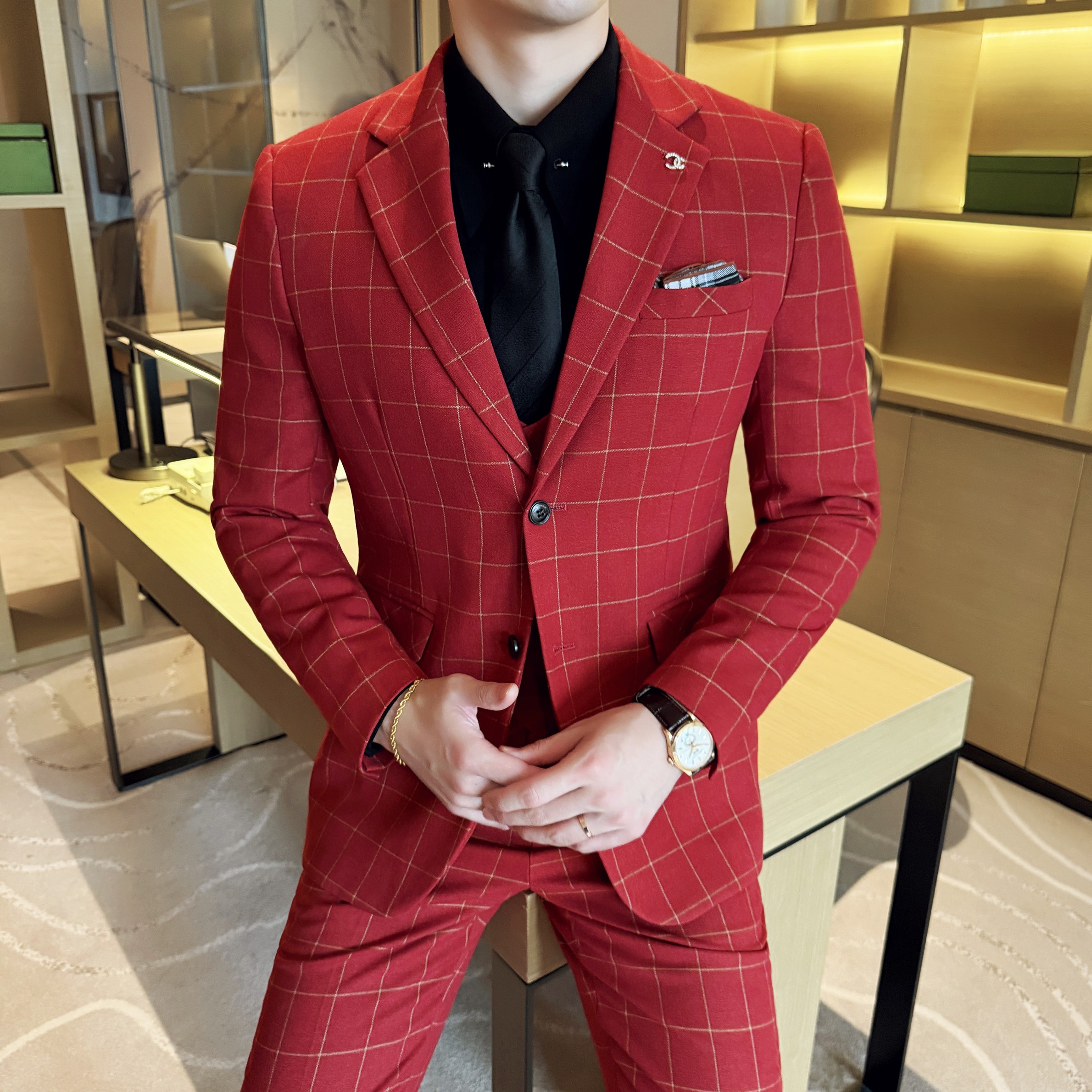 男士商务婚礼西装韩版修身格子西服三件套2520-P280,男装西服套装,星座1606-1