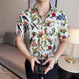 百鸟图夏季印花短袖衬衫时尚休闲免熨衬衣男CS042-P58，男装T恤，星座1606-1