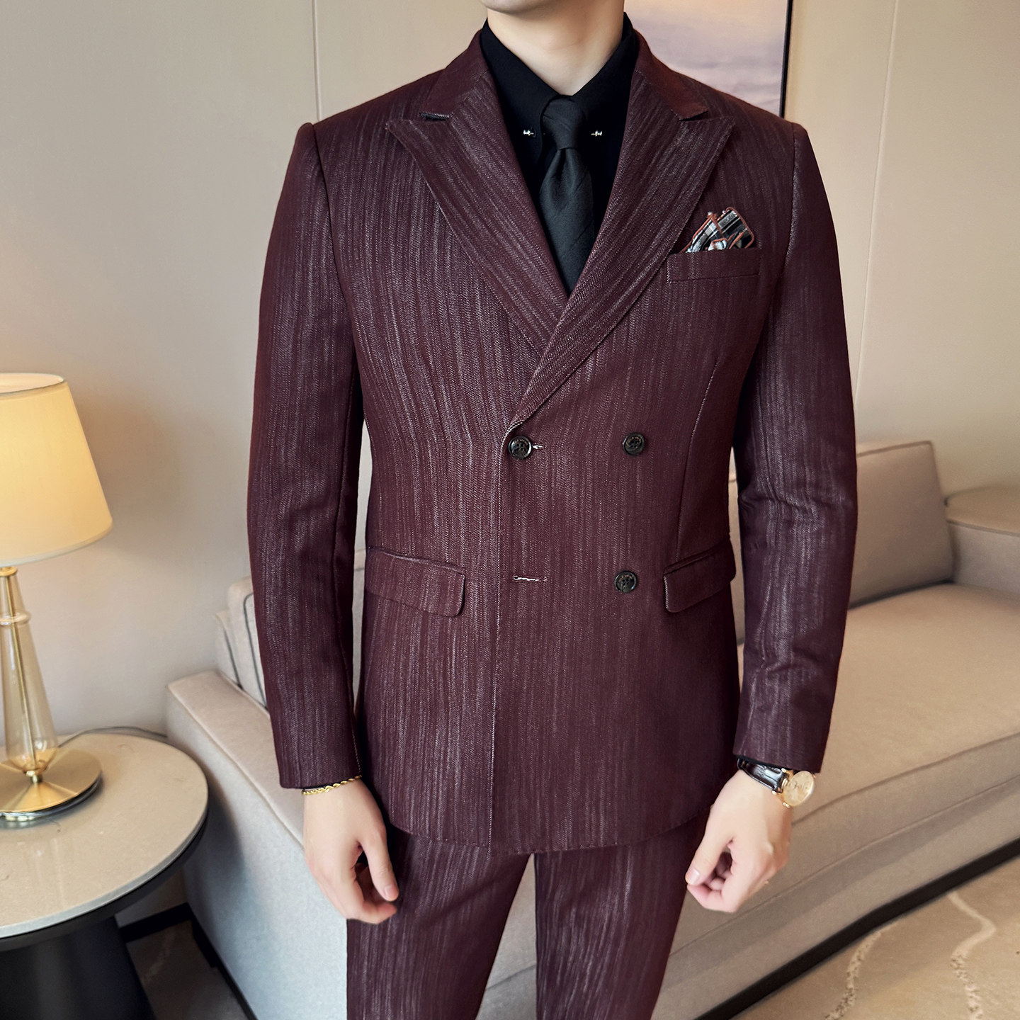 男士商务休闲西服莱赛尔醋酸条纹双排扣西装套装2531-P290,男装西服套装,星座1606-1