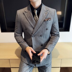 简约男士商务休闲西装韩版修身双排扣条纹西服2515-P285图片