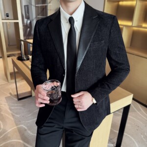 莱赛尔拼皮男士韩版修身西服时尚休闲西装外套DX57-P148图片