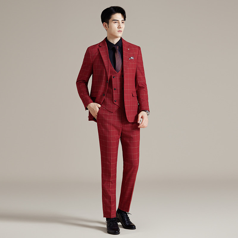 男士商务婚礼西装韩版修身格子西服三件套2520-P280图片