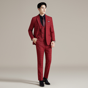 男士商务婚礼西装韩版修身格子西服三件套2520-P280图片
