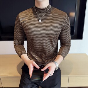 DS046-P48波浪纹半高领T恤男士修身立体打底衫图片