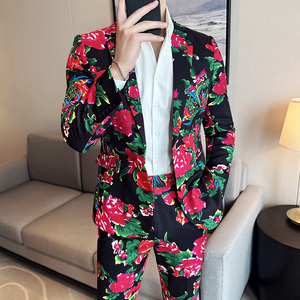 东北大红花修身男士长袖西服长裤西装套装2403-P195