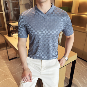 DS015-P39男士V领短袖T恤春夏新款时尚百搭修身立体打底衫图片