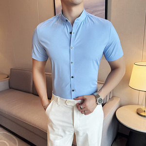 中式立领无痕衬衫修身高级短袖衬衣2801-P63,男装T恤,星座1606-1