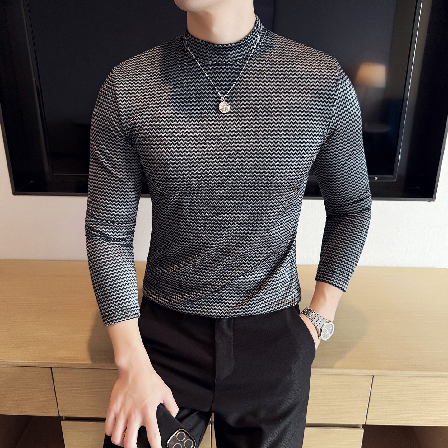 DS046-P48波浪纹半高领T恤男士修身立体打底衫图片