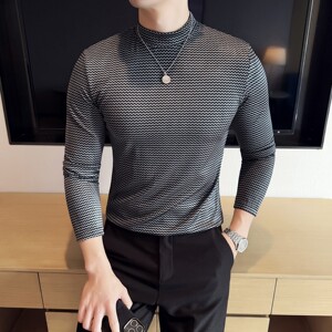 DS046-P48波浪纹半高领T恤男士修身立体打底衫图片