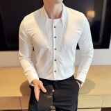 男士立领格纹长袖衬衫商务休闲时尚免熨衬衣男CS047-P63，男装衬衫，星座1606-1