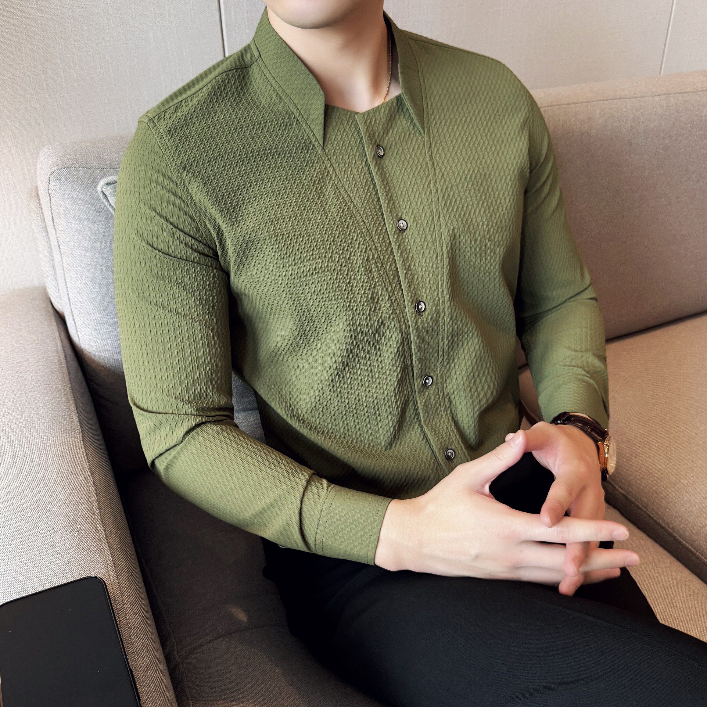 男士立领格纹长袖衬衫商务休闲时尚免熨衬衣男CS047-P63，男装衬衫，星座1606-1