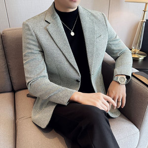 小香风仿麻色织韩版修身西服千鸟格时尚休闲西装外套DX10-P148图片