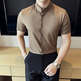 中式立领无痕衬衫冰丝暗条纹修身高级短袖衬衣2806-P63，男装T恤，星座1606-1