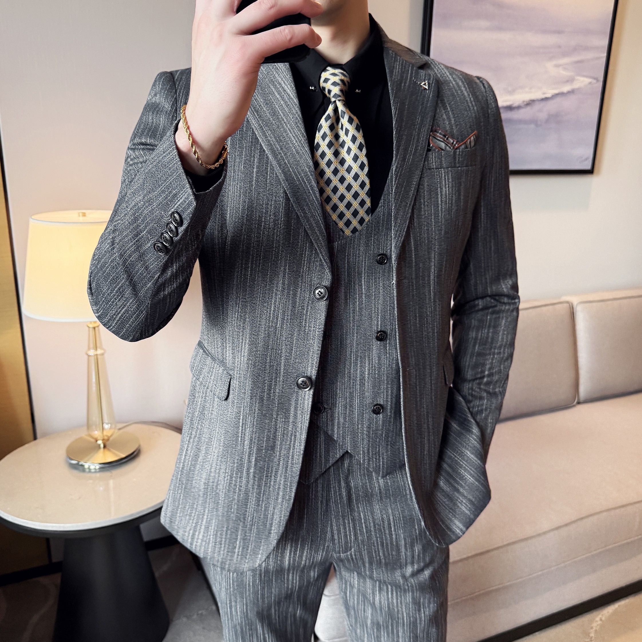 男士商务休闲西服流星雨条纹时尚潮流西装三件套2524-P280,男装西服套装,星座1606-1