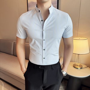 中式立领无痕衬衫修身高级条纹短袖衬衣2802-P63图片
