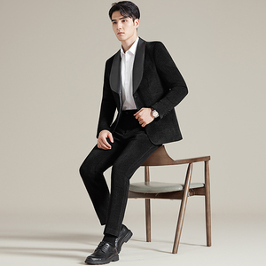 男士青果领拼皮西装时尚休闲西服套装2516-P220图片