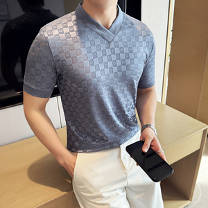 DS015-P39男士V领短袖T恤春夏新款时尚百搭修身立体打底衫图片