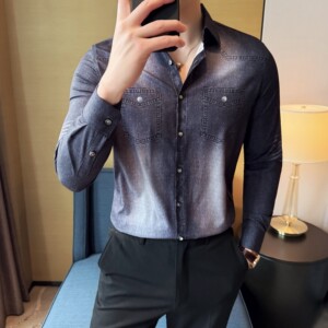 男士牛仔洗水印花衬衣韩版修身免熨长袖衬衫CS045-P62图片