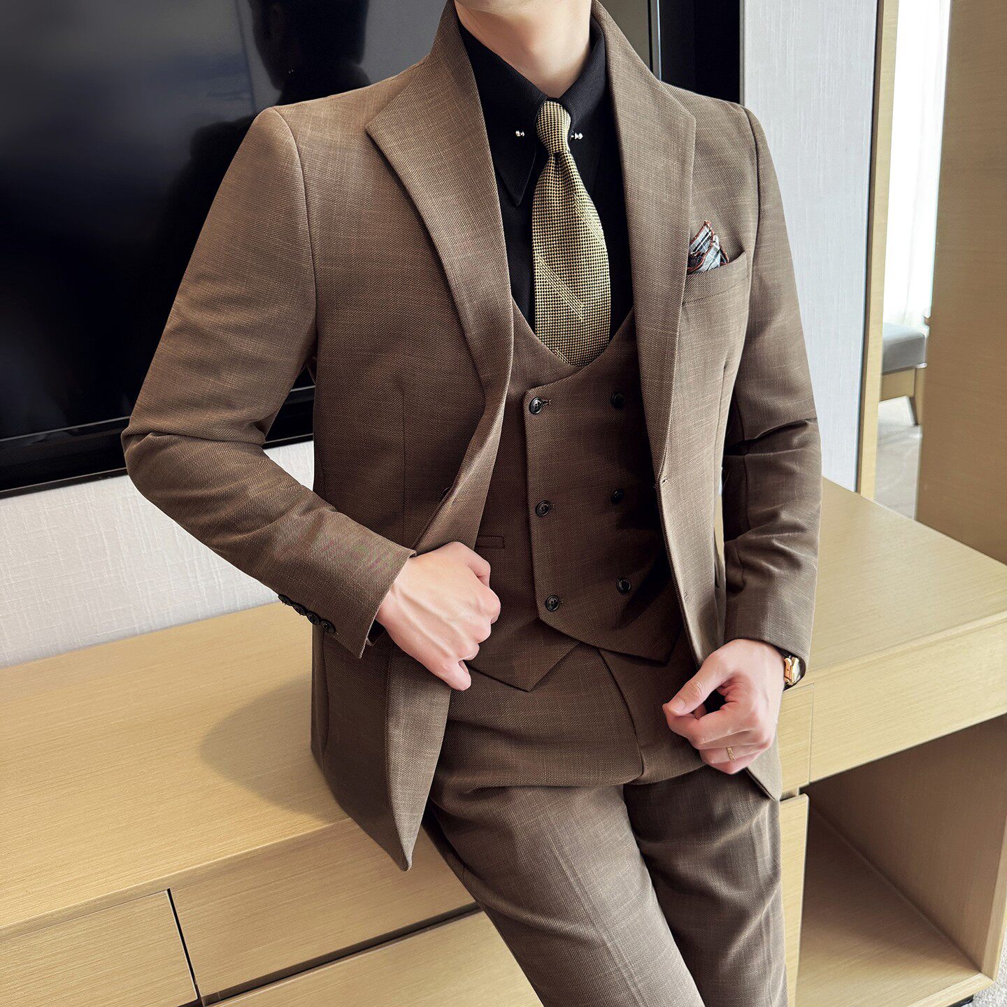 男士立领商务休闲西服韩版修身竹节纹西装套装2528-P285，男装西服套装，星座1606-1