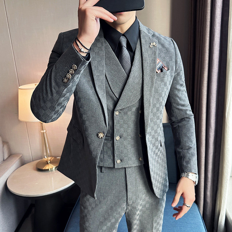 韩版修身时尚潮流西服格子西装套装2303-P280,男装西服套装,星座1606-1