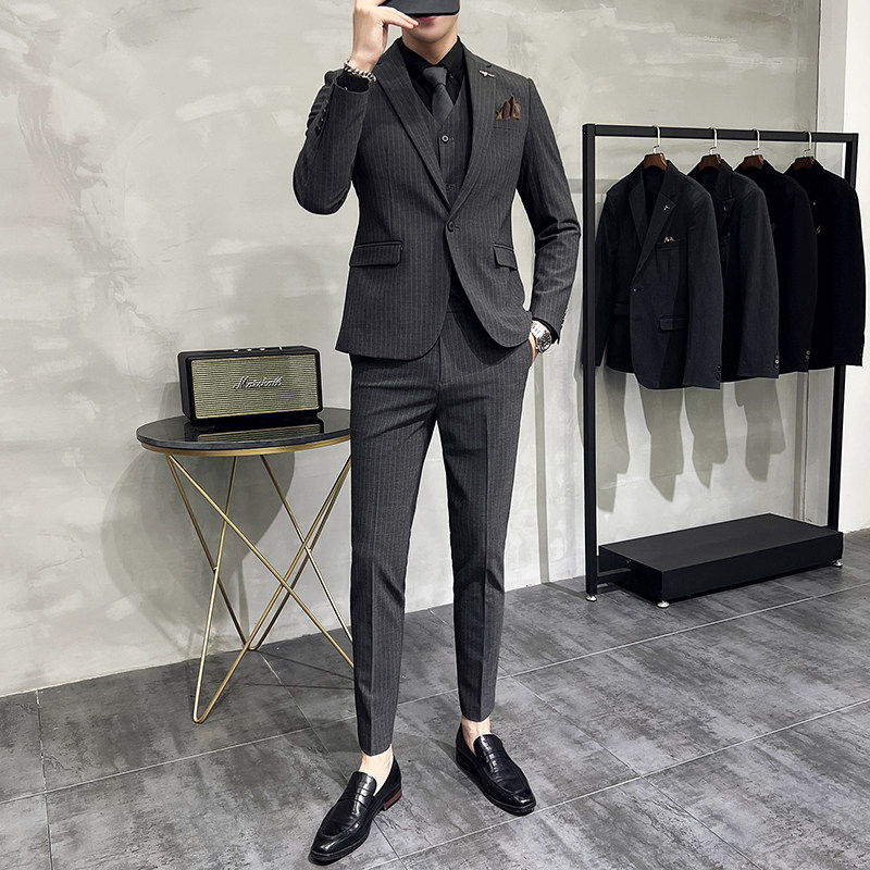 韩版修身商务西服条纹西装三件套1819-P265,男装西服套装,星座1606-1