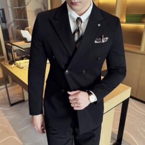 男士双排扣商务休闲西装韩版修身纯色暗纹西服三件套2513-P280图片