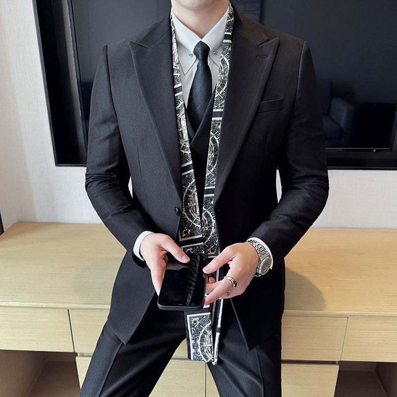 双层领韩版修身西服围巾搭配时尚潮流西装三件套2412-P280,男装西服套装,星座1606-1